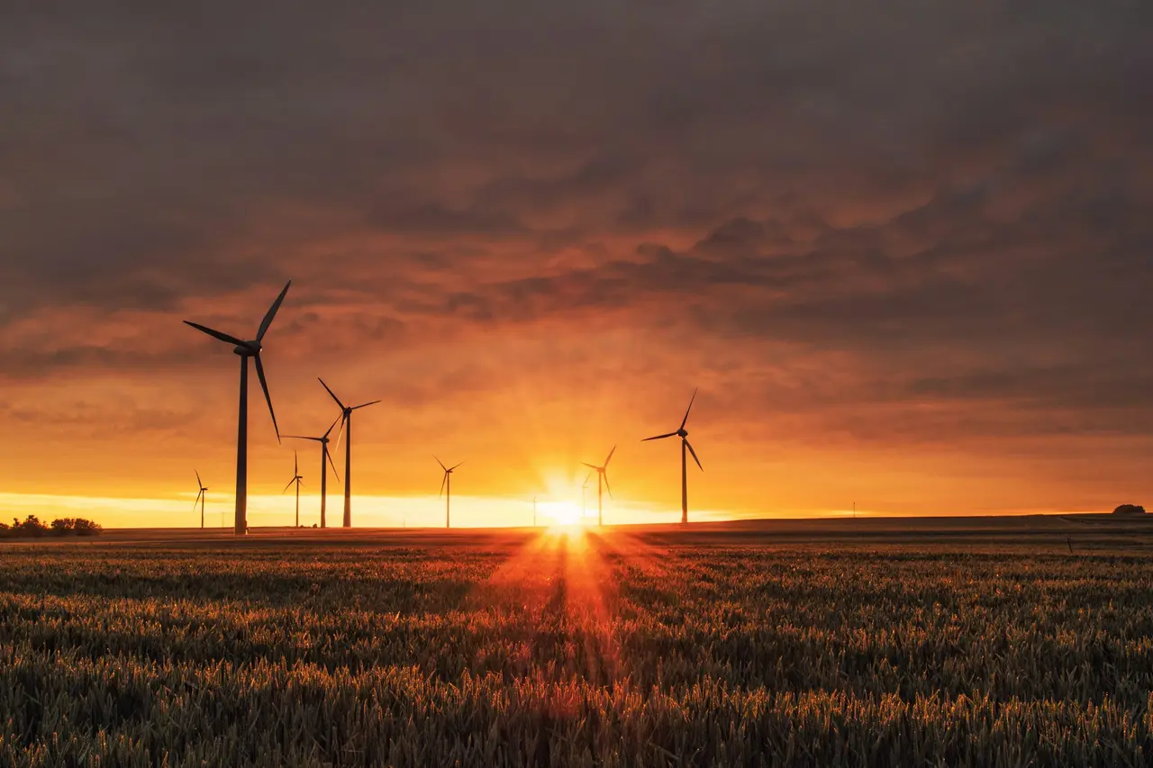 Aerogeradores em um campo ao entardecer, com o sol tocando o horizonte