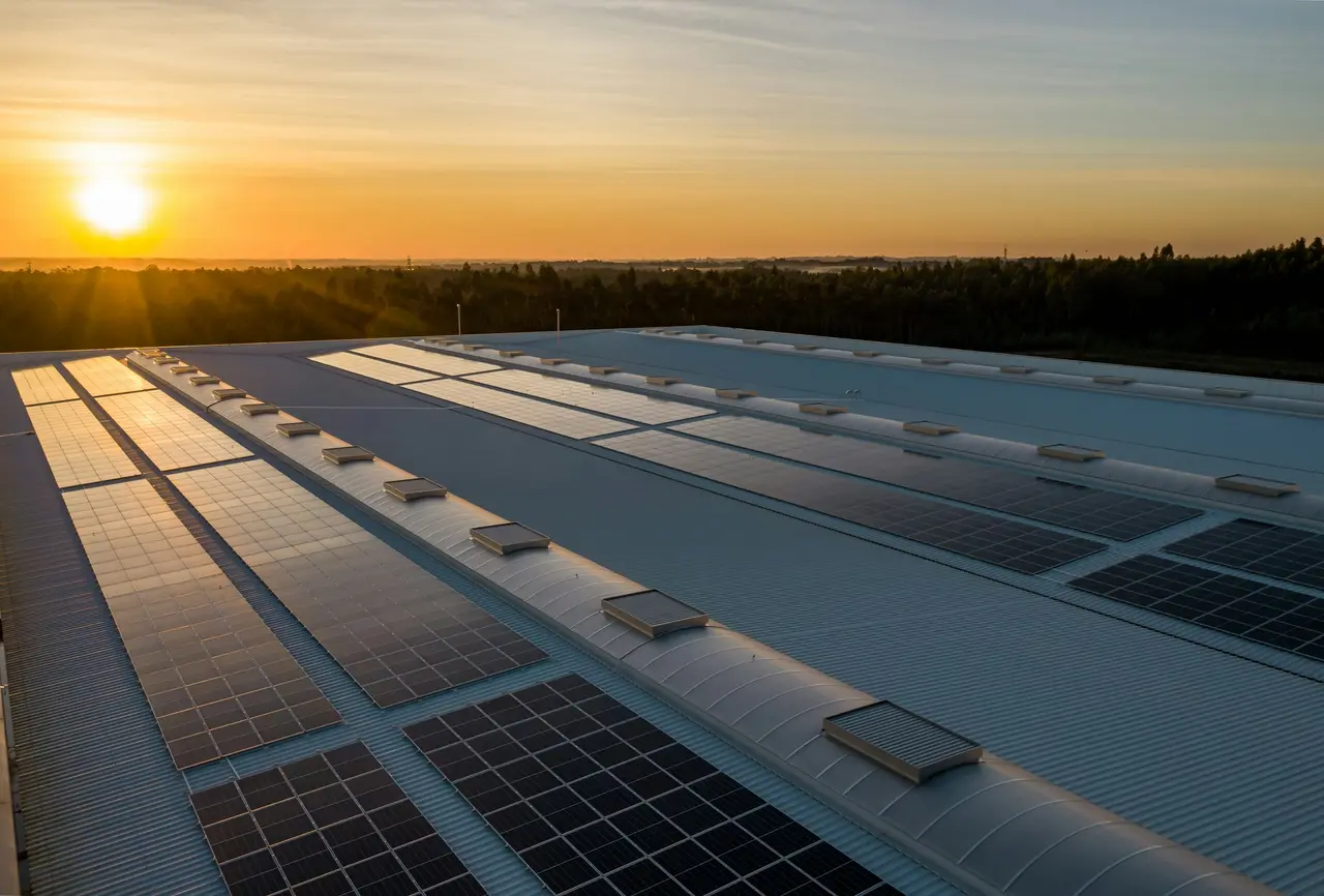 Painéis solares instalados em cobertura ao pôr do sol, com o sol baixo no horizonte