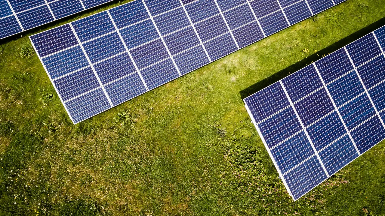 Vista aérea de fileiras de painéis solares sobre um gramado